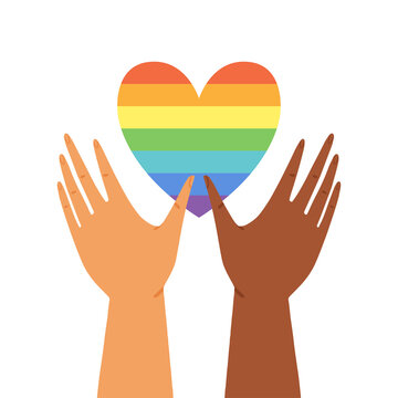 Two diverse hands raised up with a rainbow colored heart. Concept of LGBT community diversity. Pride month card. Hand drawn colorful flat vector illustration.