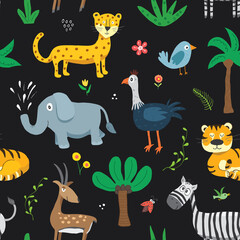 Fototapeta na wymiar Cute Animals Seamless pattern. Cartoon Animals and plants doodles. Cartoon Vector illustration