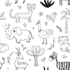Cute Animals Seamless pattern. Cartoon Animals and plants doodles. Cartoon Vector illustration