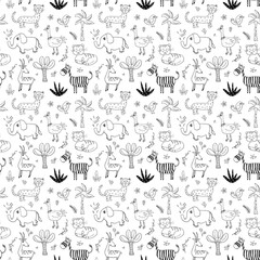 Cute Animals Seamless pattern. Cartoon Animals and plants doodles. Cartoon Vector illustration