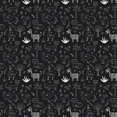 Cute Animals Seamless pattern. Cartoon Animals and plants doodles. Cartoon Vector illustration