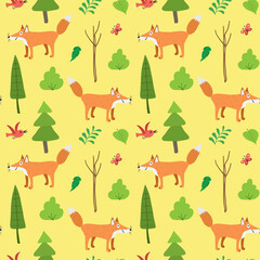 Fototapeta premium Cute Fox Seamless pattern. Cartoon Animals in forest background. Vector illustration