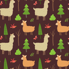 Cute Lama Seamless pattern. Cartoon Animals in forest background. Vector illustration