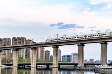 City and High-speed Rail-Landscape of Yitong River in Changchun, China