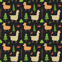 Cute Lama Seamless pattern. Cartoon Animals in forest background. Vector illustration