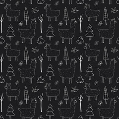 Cute Lama Seamless pattern. Cartoon Animals in forest background. Vector illustration