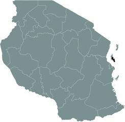 Black highlighted location map of the Tanzanian Unguja (Zanzibar) South region inside gray map of the United Republic of Tanzania