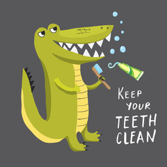 Cute Croccodile with toothbrush Cartoon Animal baby and children print design Vector Illustration