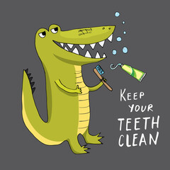 Cute Croccodile with toothbrush Cartoon Animal baby and children print design Vector Illustration