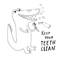 Cute Croccodile with toothbrush Cartoon Animal baby and children print design Vector Illustration