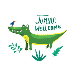 Cute Croccodile with Jungle welcom lettering Cartoon Animal baby and children print design Vector Illustration