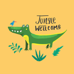 Cute Croccodile with Jungle welcom lettering Cartoon Animal baby and children print design Vector Illustration