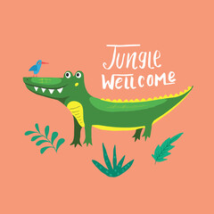 Cute Croccodile with Jungle welcom lettering Cartoon Animal baby and children print design Vector Illustration