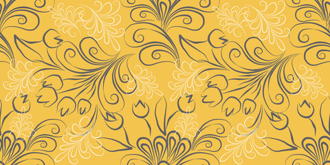 Flowers Seamles pattern digitalpaper textile packaging. Black line art element and Flower on Yellow and brown backgrownd