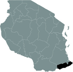 Black highlighted location map of the Tanzanian Mtwara region inside gray map of the United Republic of Tanzania