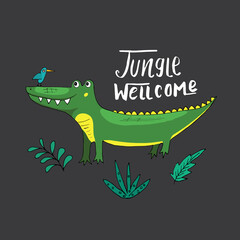 Cute Croccodile with Jungle welcom lettering Cartoon Animal baby and children print design Vector Illustration