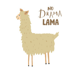 Cute Lama with lettering no drama Lama Cartoon Animal baby and children print design Vector Illustration