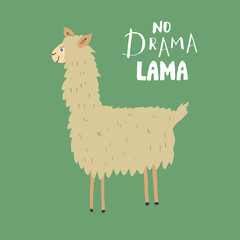 Cute Lama with lettering no drama Lama Cartoon Animal baby and children print design Vector Illustration