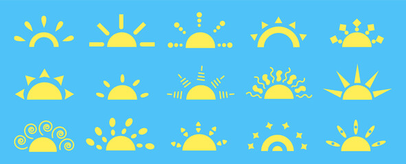 Decor of objects, rooms, dishes, furniture, bed linen. Stickers for children. Halves of yellow suns vector flat style set isolated on blue background.For food packaging.For cosmetics design