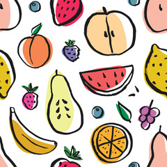 Fruit seamless pattern, collection of juicy fruits, apple, pear, strawberry, orange slice, peach, plum, banana, watermelon, papaya, grapes, lemon and berries background, vector illustration