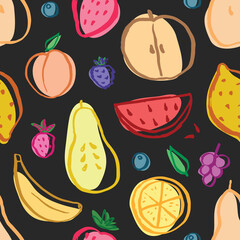 Fruit seamless pattern, collection of juicy fruits, apple, pear, strawberry, orange slice, peach, plum, banana, watermelon, papaya, grapes, lemon and berries background, vector illustration