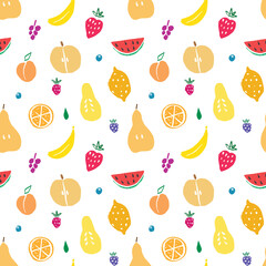 Fruit seamless pattern, collection of juicy fruits, apple, pear, strawberry, orange slice, peach, plum, banana, watermelon, papaya, grapes, lemon and berries background, vector illustration