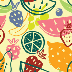 Fruit seamless pattern, collection of juicy fruits, apple, pear, strawberry, orange slice, peach, plum, banana, watermelon, papaya, grapes, lemon and berries background, vector illustration