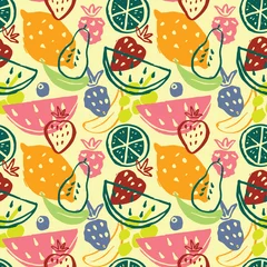 Foto auf Leinwand Fruit seamless pattern, collection of juicy fruits, apple, pear, strawberry, orange slice, peach, plum, banana, watermelon, papaya, grapes, lemon and berries background, vector illustration © saint_antonio
