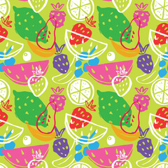 Fruit seamless pattern, collection of juicy fruits, apple, pear, strawberry, orange slice, peach, plum, banana, watermelon, papaya, grapes, lemon and berries background, vector illustration