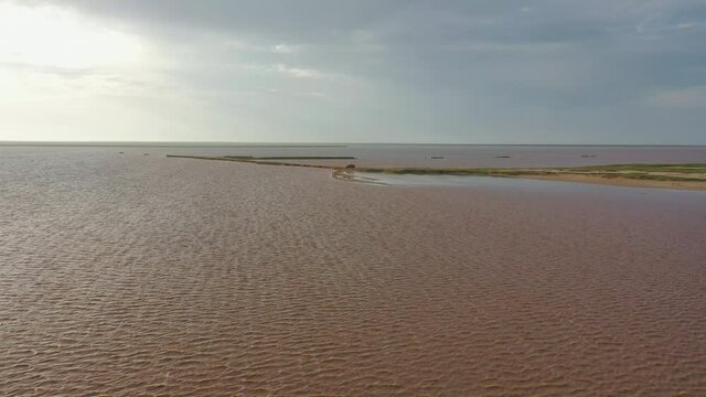 Family travel by 4WD, large jeep explores the thin coastline of the endless pink lake on a cloudy day