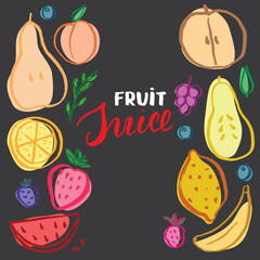 Fruit Set, collection of juicy fruits, apple, pear, strawberry, orange slice, peach, plum, banana, watermelon, papaya, grapes, lemon and berries. Vector illustration