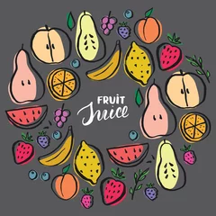 Foto op Plexiglas Fruit Set, collection of juicy fruits, apple, pear, strawberry, orange slice, peach, plum, banana, watermelon, papaya, grapes, lemon and berries. Vector illustration © saint_antonio