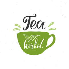 Herbal Tea lettering handwritten sign, Hand drawn grunge calligraphic text. Vector illustration