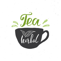 Herbal Tea lettering handwritten sign, Hand drawn grunge calligraphic text. Vector illustration