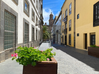 Fototapeta na wymiar Street in Vegueta, Gran Canaria that leads to the Cathedral of Santa Ana