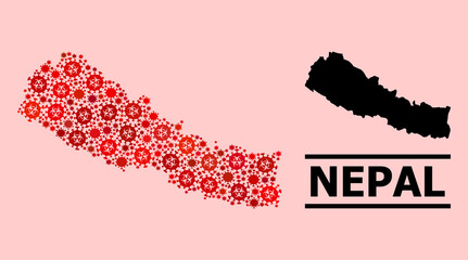 Vector covid-2019 mosaic map of Nepal constructed for doctor advertisement. Red mosaic map of Nepal is constructed with biological hazard covid-2019 pathogen cells.