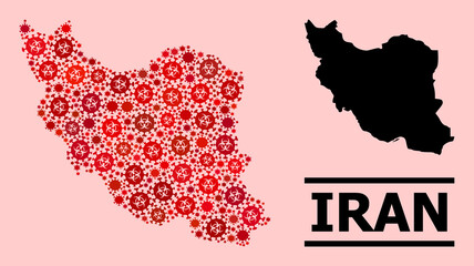 Vector coronavirus mosaic map of Iran created for doctor purposes. Red mosaic map of Iran is created from biohazard covid pathogen elements.
