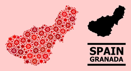 Vector covid-2019 mosaic map of Granada Province designed for vaccination posters. Red mosaic map of Granada Province is composed of biohazard covid-2019 pathogen cells.