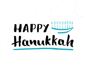 Happy Hanukkah lettering, Jewish greeting for religious holiday handwritten sign, Hand drawn grunge calligraphic text. Vector illustration