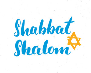 Shalom Shabbat lettering, Jewish greeting for religious holiday handwritten sign, Hand drawn grunge calligraphic text. Vector illustration - obrazy, fototapety, plakaty