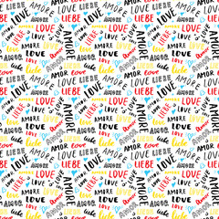 Love lettering seamless pattern vector illustration. Love written in different languages romantic words background