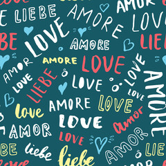 Fototapeta premium Love lettering seamless pattern vector illustration. Love written in different languages romantic words background