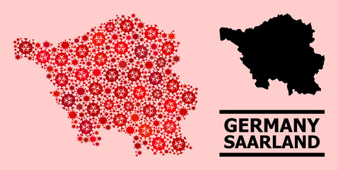 Vector covid-2019 mosaic map of Saarland State designed for pharmacy purposes. Red mosaic map of Saarland State is created of biological hazard covid-2019 viral cells.