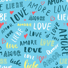 Fototapeta premium Love lettering seamless pattern vector illustration. Love written in different languages romantic words background