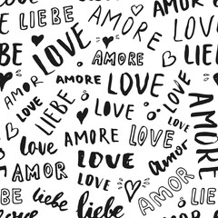 Fototapeta premium Love lettering seamless pattern vector illustration. Love written in different languages romantic words background