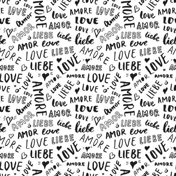 Love lettering seamless pattern vector illustration. Love written in different languages romantic words background