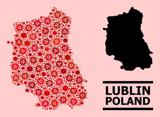Vector covid mosaic map of Lublin Province constructed for lockdown posters. Red mosaic map of Lublin Province is done with biological hazard covid pathogen parts.