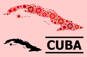 Vector covid composition map of Cuba created for doctor advertisement. Red mosaic map of Cuba is created of biological hazard covid viral items.