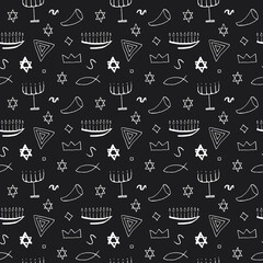 Jewish items seamless pattern, Jewish hand drawn lineart icons background, vector illustration