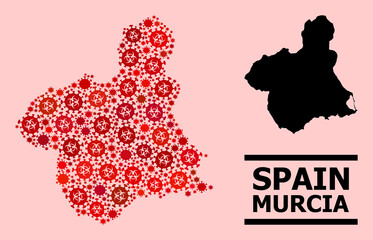 Vector covid-2019 mosaic map of Murcia Province done for pandemic projects. Red mosaic map of Murcia Province is designed with biological hazard covid-2019 pathogen icons.